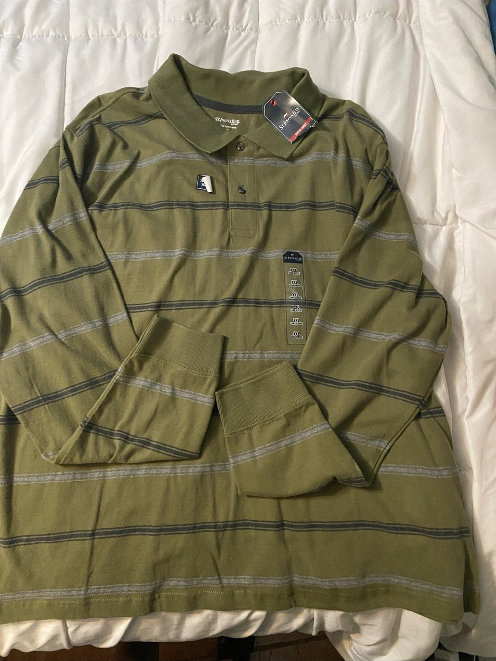 St. John's Bay Olive and Gray Striped Long-Sleeve Polo